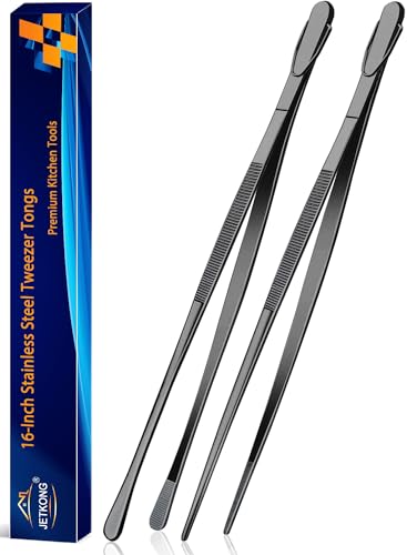 JETKONG 2 Pcs 16-Inch Heavy Duty Plating Tongs, Extra-Long Kitchen Fine Tongs Large Stainless Steel Cooking Forceps (Black)