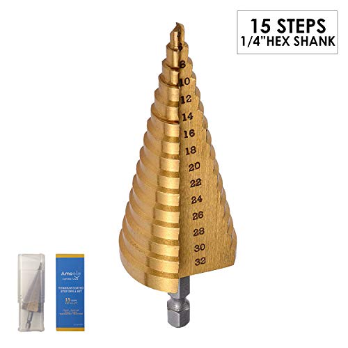 amoolo Titanium Step Drill Bit (15 Sizes), 3/16" to 1-1/4" (4-32mm) HSS 1/4" Hex Shank Unibit for Metal, Wood, Plastic with Metric Index