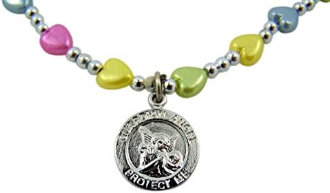 First Communion Multi-Color Heart Glass Bead Necklace with Guardian Angel Pendant, 16 Inch