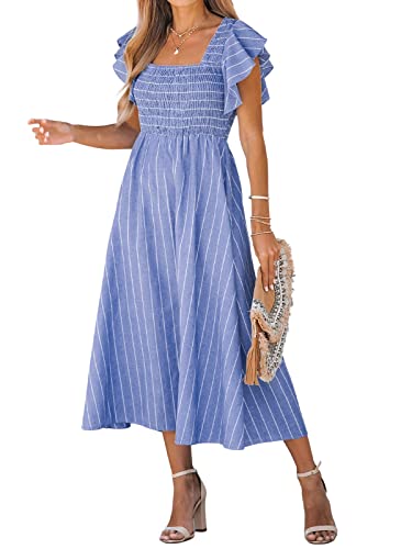 CUPSHE Women's Summer Dress Square Neck Striped Smocked Dress Ruffled Cap Sleeves Dress A Line Maxi Formal Dress