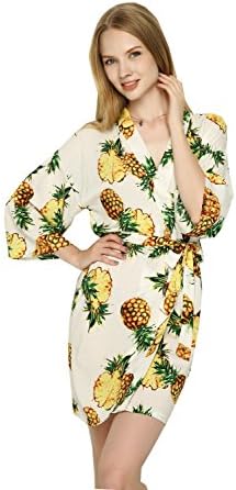 Zarachilable Women Cotton Pineapple Floral Robe bride robe bridesmaid kimono Robe,night Dress Gown (M, white)