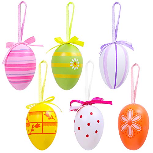 Elcoho 6 Pieces Easter Hanging Eggs Colorful Plastic Easter Eggs Easter Hanging Ornaments Easter Decoration, Random Styles