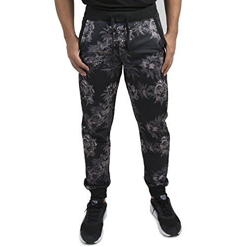Vibes Gold Label Men's Black Fleece Fern Floral Printed Jogger Pants Contrast Rib Trim