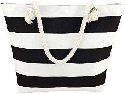 Large Beach Bag With Inner Zipper Pocket - Striped Tote Bag with Rope Handles
