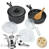 TANBURO Open Fire Cookware Camping Cookware Mess Set with Gas Stove in Free Mesh Bag- (Non-Stick Pot Set) Portable Outdoor Cooking Equipment for Hiking, Camping and Backpacking