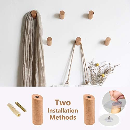 6 PCS Natural Wooden Coat Hooks Drill or No Drill 2 in 1 Wall Mounted Modern Single Organizer Hangers, Handmade Craft Clothes Hat Hanger Towel Umbrella Rack (Pack of 6) (3.2 inch (8cm) - Beech Wood)