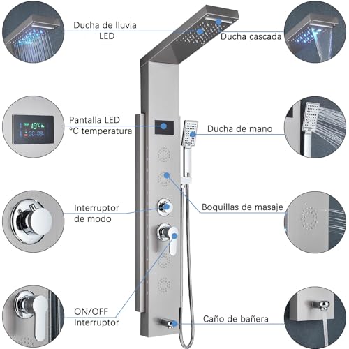 Panel de Ducha con Grifo para Bañera y Hidromasaje LED - Kit Completo en Acero Inoxidable Antical, 5 Funciones (Cabezal Fijo, Ducha de Mano, Caño), Fácil Instalación