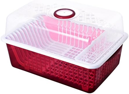 Dish Rack Kitchen Dishwasher Tableware Drain Shelf Plastic Flip Cover Storage Box,Red