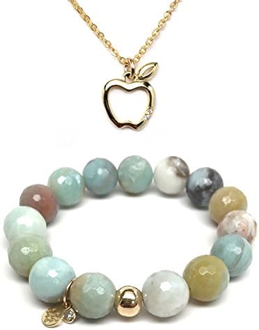 Set 12mm Green Amazonite Lauren 7" S. Bracelet &amp; 12mm Apple CZ Charm 16" 14k over Brass Neck