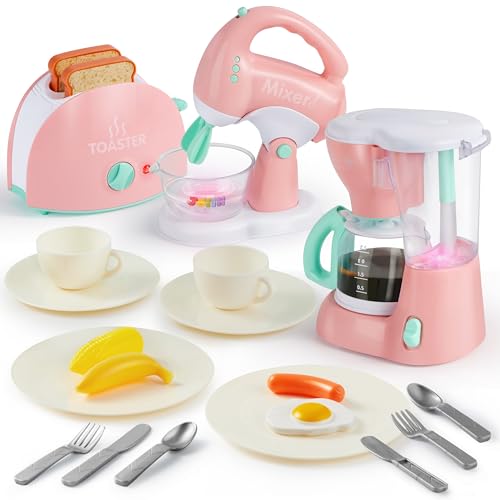 Photo 1 of Joyin Play Kitchen Toys, Pretend Play Kitchen Appliances Toy Set with Coffee Maker, Mixer, Toaster with Realistic Lights& Sounds, Birthday Gift for Kids Ages 3+, Pink