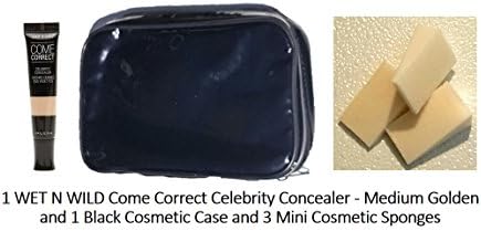 KIXTI 3 Items: WET N WILD Come Correct Celebrity Concealer - Medium Golden and Mini Cosmetic Sponges and Black Cosmetic Makeup Case