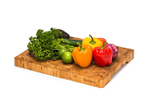 Click Here to See More Images Extra Large End Grain Professional Grade Bamboo Cutting Board- Thick Wooden Butcher Block for Chopping Serving Veggies, Fruit, Poultry, Meat and Cheese-Deep Grooves- 2018 Design- 18x14x1.5