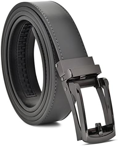 Mens Belt Genuine Leather Ratchet Dress Belt With Automatic Leather Buckle (One Size Fits All (28-51 in Waist), Gray strap with Black buckle)