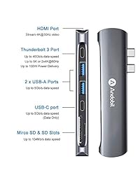 Andobil USB C Hub, Adaptador doble tipo C 40Gbps MacBook Pro 2018 2017 2016 13 "15", 7in1 Thunderbolt 3 USB C 100W Suministro de energía, USBC 5Gbps Data, 4K HDMI, lector de tarjetas microSD   SD, 2xUSB 3.1 Puertos