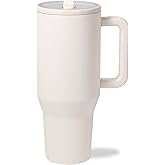 KBOTTLE Modern 32 oz Tumbler with Handle & Simple Flip Straw - Car Cup Holders, Leak Resistant Water Bottle-Reusable Insulated Stainless Steel & Rubber Base - Gifts for Women & Men | Traveler (Tan)