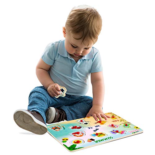 Wooden Peg Puzzle, 4 Seasons - Learning Educational Pegged Puzzle for Toddler & Kids (12 pcs) Gleeporte