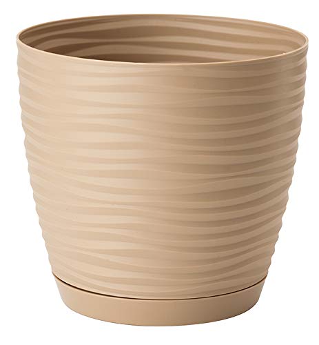 Home Garden Ornaments Wave Plant Pots Indoor – Indoor Plant Pot with 3D Effect, Drainage Holes, and Integrated Saucer, Plastic Flower Pots (Diameter: 19cm, Colour: Taupe)