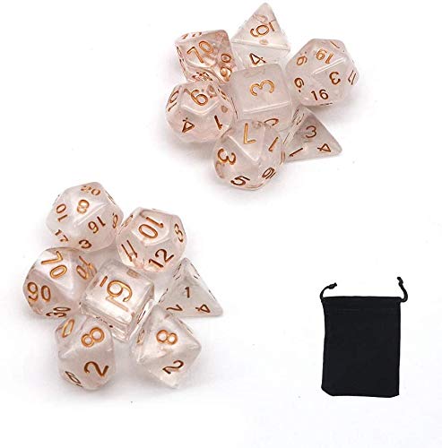 DollaTek Transparent Polyhedral Dice Set Table Games Dice 2 Sets Dice 2 x 7 (14 Pieces) Die Series D20 D12 D10 D8 D6 D4 DND dice DND RPG MTG Double Colors One Piece (White)