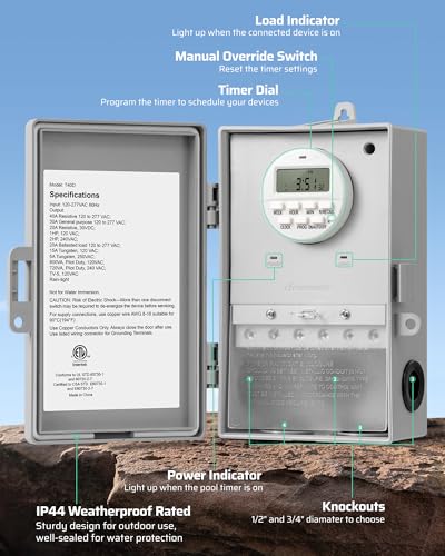 DEWENWILS Pool Pump Timer, Digital Timer Box, 2HP 40A 120-277 VAC, 7-Day 20 ON/Off Programmable Timer Switch for Water Heater, Pool Pump, SPA, Motor, ETL Listed Gray