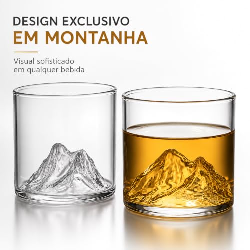 Kit 2 Copos Whisky Design Montanha Everest 300ml Cristal Transparente Premium Vidro Reforçado Drinks Luxo