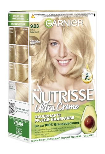 Garnier Intensieve cremekleuring, grijsdekking, anti-uitdroging voor glanzend haar, met 3 voedende oliën, groefscheuren, 9.03 lichte natuurlijke blond, 1 stuk