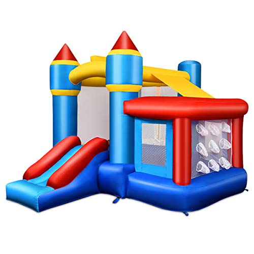 Costzon Inflatable Bounce House, Kids Slide Jumping Bouncer Castle w/Basketball Rim, Ball Shooting, Including Oxford Carrying Bag, Repairing Kit, Stakes, Without Blower (Without Ocean Ball)