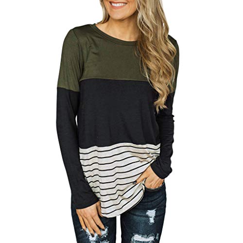 Respctful New in Women Long Sleeve T-Shirt Stripe Lace Patchwork Blouse Hem Shirt Casual Tops Green
