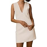 CHARTOU Women's Summer Sleeveless Mini Dress Cotton Linen V Neck Cinched A Line Slim Tank Short Dress