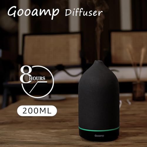 Gooamp Ceramic Aromatherapy Diffuser, Essential Oil Diffuser with 7 Color Lights Auto Shut Off for Home Office Room, Black (1/3/6/ON hrs Working time), TC-202-200ML
