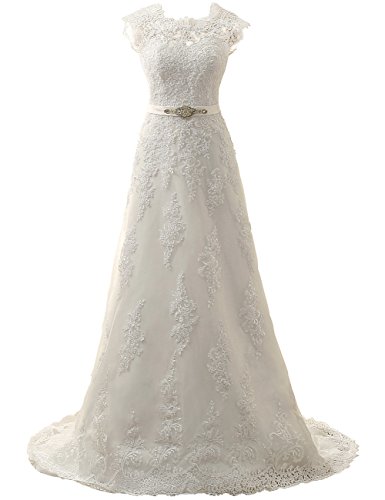 JAEDEN Lace Wedding Dress For Bride A Line Bridal Gown With Sash Cap Sleeve Ivory US10