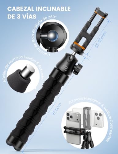 Lamicall Tripie para Celular - [130 g Ultraligero] Selfie Stick para iPhone con Control Remoto, 360° Girando Phone Tripod, con Tornillo de 1/4'' y Zapata Fría para iPhone, GoPro, Cámara, Pocket 3/4