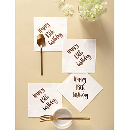 MAGJUCHE Happy 13th Birthday Cocktail Napkins, 50-Pack 3ply White Rose Gold Dinner Celebration Party Decoration Napkin - Thumbnail 3