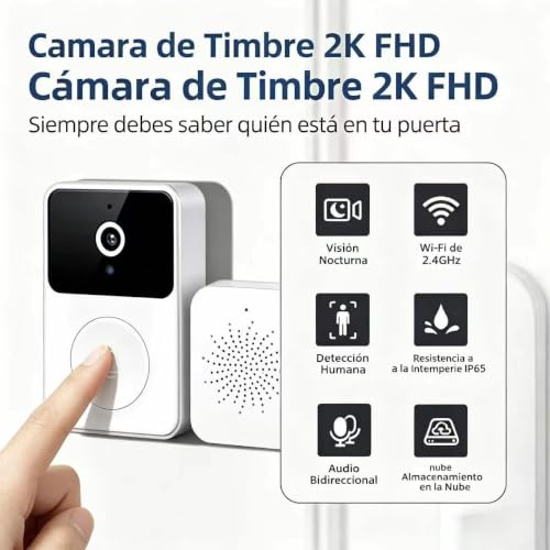 Genérico Videotimbre Inalámbrico WiFi 2,4 GHz con Cámara HD 1080P, Visión Nocturna, Audio Bidireccional, Control Desde App Móvil, Montaje Sencillo Sin Cableado
