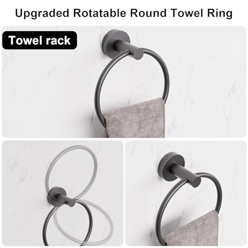 sunzone Bathroom Accessories Set, 5 Pieces Towel Bar, 60 cm Towel Bar, Towel Ring, Bathrobe Towel Hook, Toilet Paper Holder, 304 Stainless Steel, Black