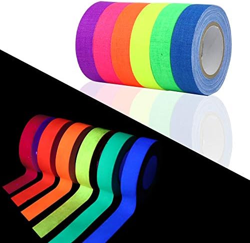 HEHALI 12 Pack Tape UV Blacklight Reactive,6 Colors, 60ft Per Color, Fluorescent Cloth Tape/Neon Gaffer Tape