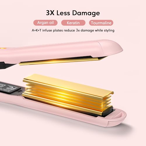 Terviiix Mini Hair Straightener Adjustable Temp, Travel-Size Mini Flat Iron, Mini Flat Irons for Short Hair/Curls Bangs, Ceramic Portable Small Hair Curler, Dual Voltage, Auto-Off, 1/2\'\', Matte Pink