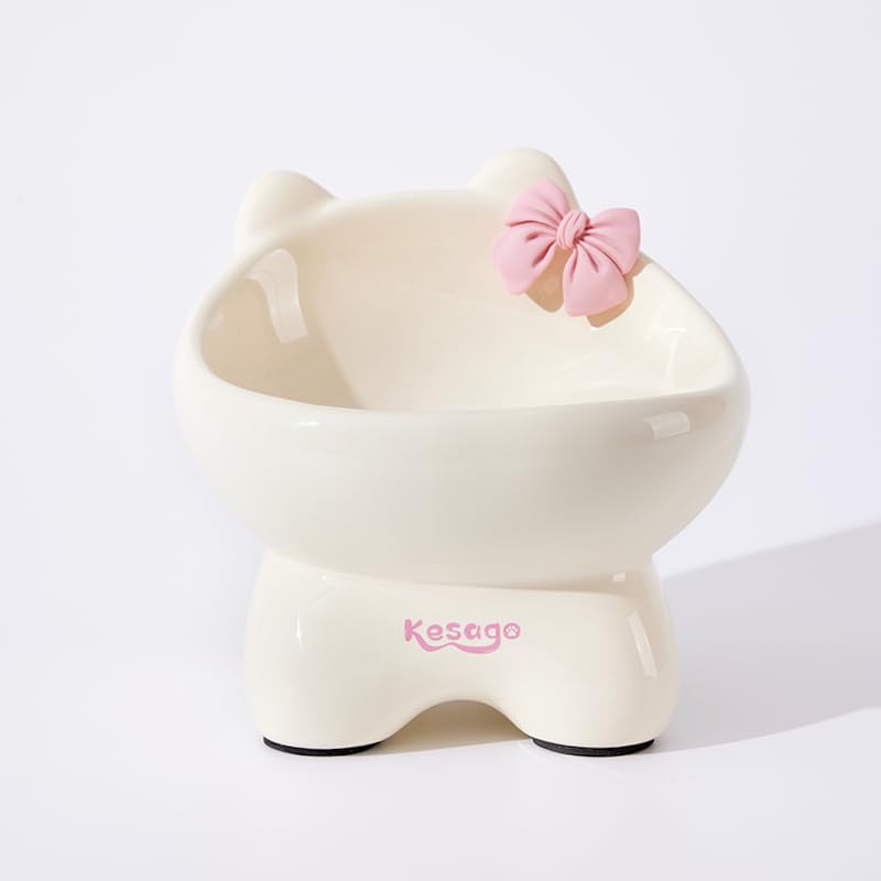 Photo 1 of Kesago Elevated Neck Protection Cat Bowl .Cute cat Shape .Send a Bow DIY. Neck Protection to Prevent Vomiting (Keep Away from Black Chin) (Milk Yellow)