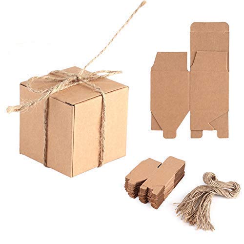 Yosoo 50Pcs Candy Boxes, Square Vintage Wedding Favours Boxes Sweets Gift Box Small Kraft Paper Boxes with Hemp Rope Birthday Party Supplies