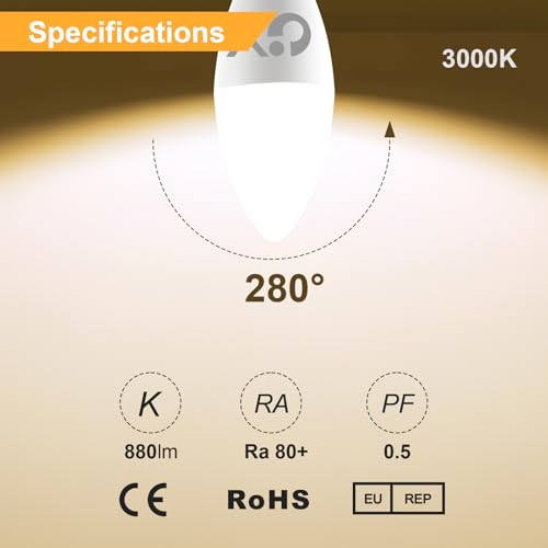 GY E14 LED Bulb Warm White 8W 3000K 880 Lumens, E14 LED C37 Candle Bulbs with Fine Thread, Not Dimmable – Class C Low Consumption, 12 Pieces