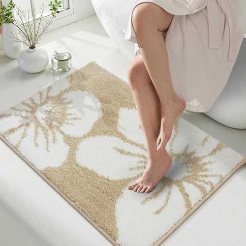 Bathroom Mat 19.7x31.5 Inch, Non Slip Extra Soft Absorbent Washable Bathroom Rugs, Mid Century Modern Boho Area Rug Welcome Mat Floral Faux Wool Bath Mat for Bathroom, Bedroom, and Kitchen,Brown