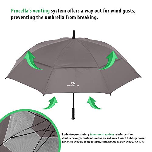 Procella Golf Umbrella Windproof Waterproof - 62 Inch Large Automatic Open Rain & Wind Resistant Vented Double Canopy - Best Golf-Sized Stick Umbrellas for Men and Women (Grey) - Thumbnail 7