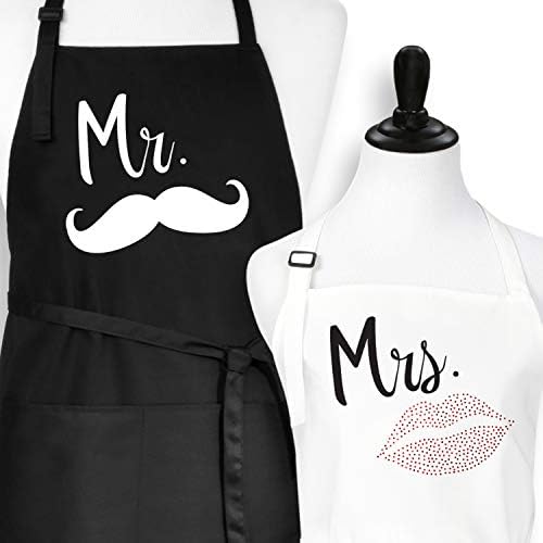 Plum Hill Mr. and Mrs. Matching Kitchen Cooking Apron with Mustache and Red Rhinestone Lips With Pockets and Long Ties His and Hers Wedding or Shower