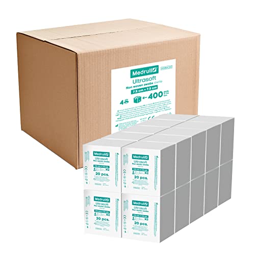 Medrull Kompressen nicht gewebt STERIL ULTRASOFT - 4-lagig- 7.5cm x 7.5cm - Verpackt 2 Stück - 20 Papierbeuteln (40 Stück) x 20 boxen