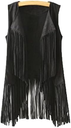 DETALLAN Women Faux Suede Sleeveless Tassels Fringed Vest Coat Cardigan Winter Autumn (Black, L)