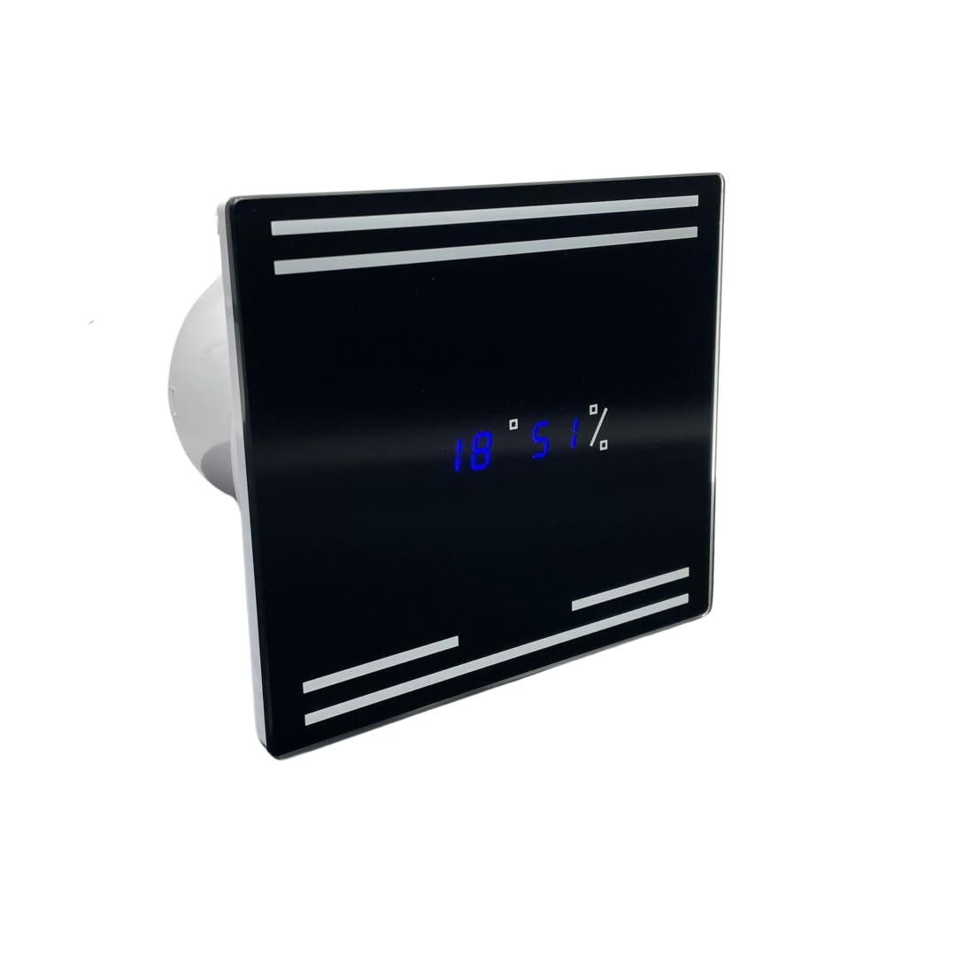 AirTech-UK Bathroom Extractor Fan with Humidistat and Timer - Sleek Black Glass Front - LED Display Timer and Humidity - 100mm - 4 Inches - Silent Bathroom Extractor Fan