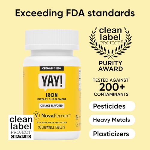 NovaFerrum Yay | Chewable Iron Supplement for Kids & Adults Ages 4 and Over | 18mg of Iron | 90 Servings | Sugar Free | Vegan | Gluten Free | Orange Flavor