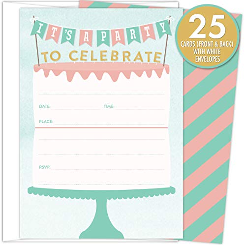 Koko Paper Co Birthday Cake Invitations. Set of 25 Fill-In Style Cards and White Envelopes. Design with Two-tiered Birthday Cake with Banner and Cake Toppers.