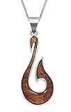 Sterling Silver Koa Wood Fish Hook Necklace Pendant with 18