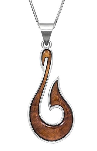 Sterling Silver Koa Wood Fish Hook Necklace Pendant with 18