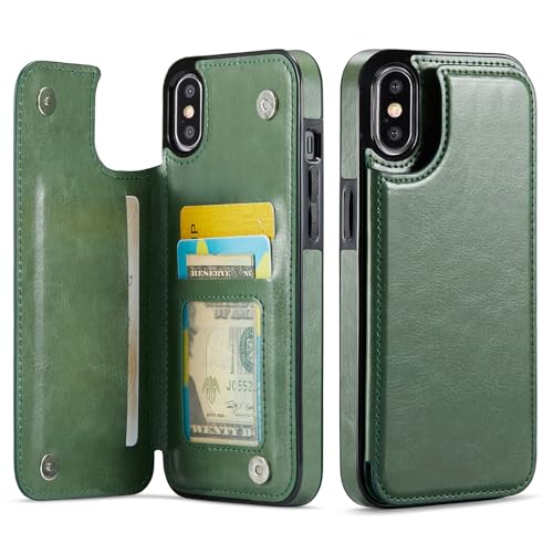 Wefor for iPhone X/iPhone Xs Wallet Case with Card Holder, PU Leather Kickstand Card Slots Case, Double Magnetic Clasp and Durable Shockproof Cover (Dark Green)